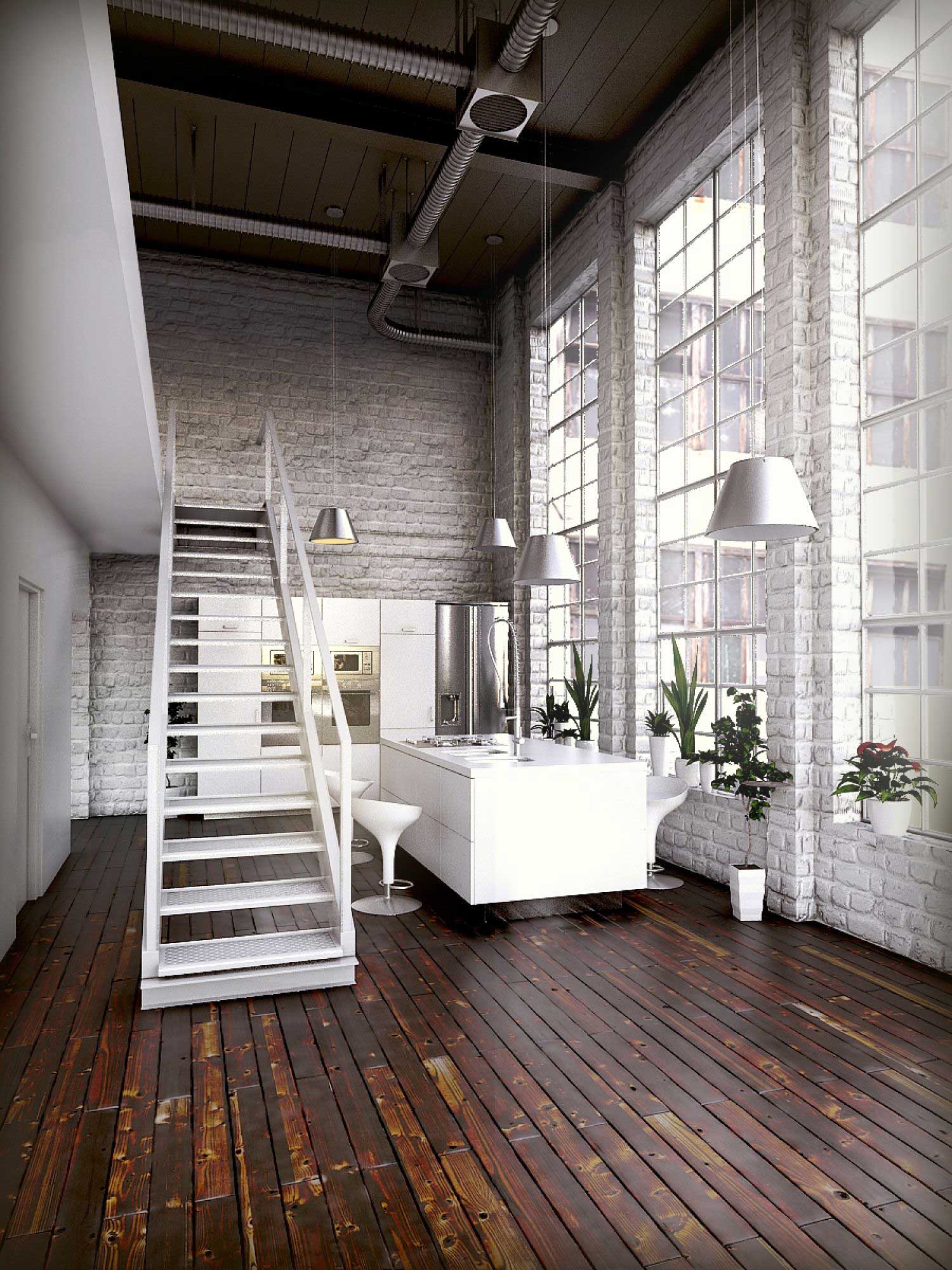 Rendu 3D d'une loft industriel