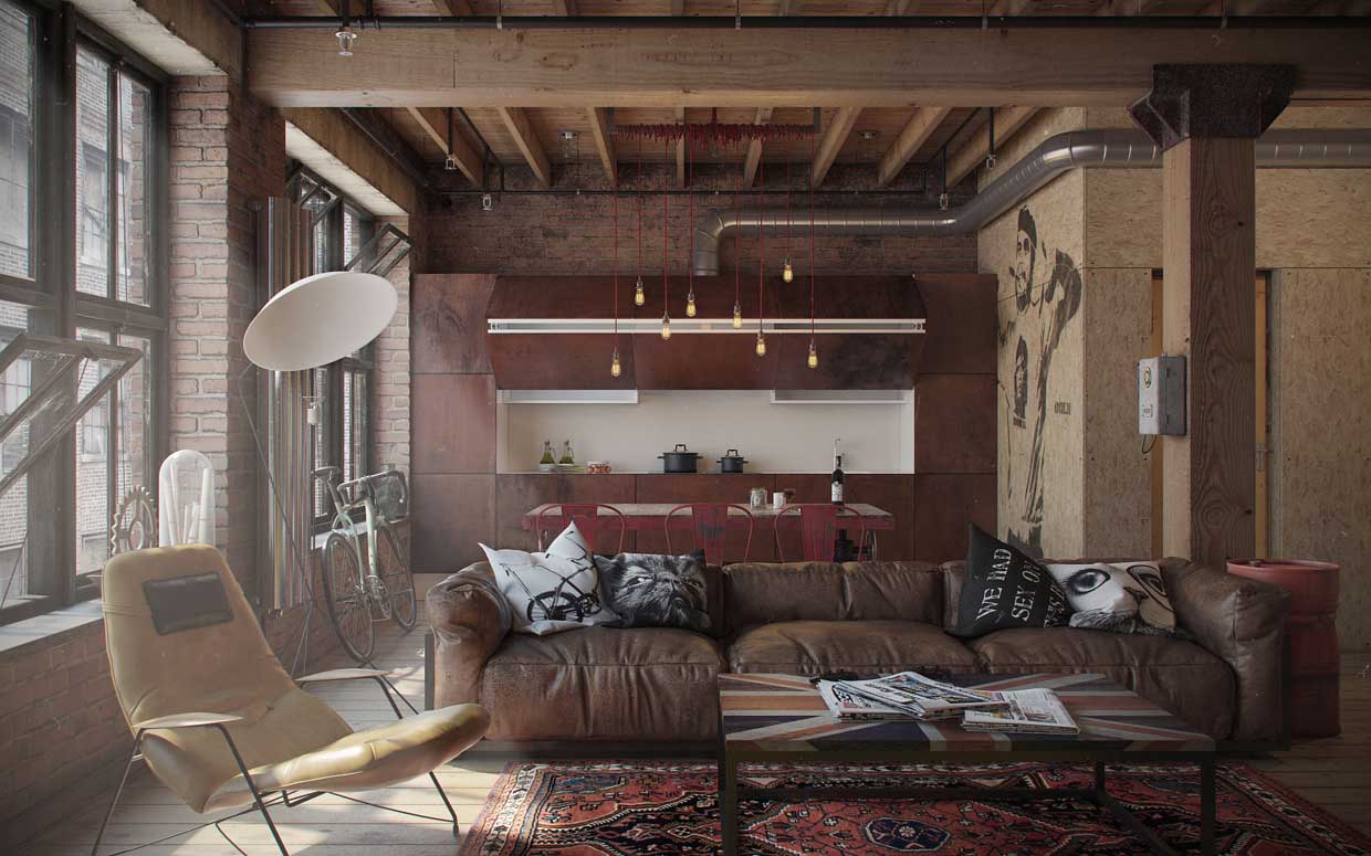 Déco intérieure en rendu 3D dans un loft