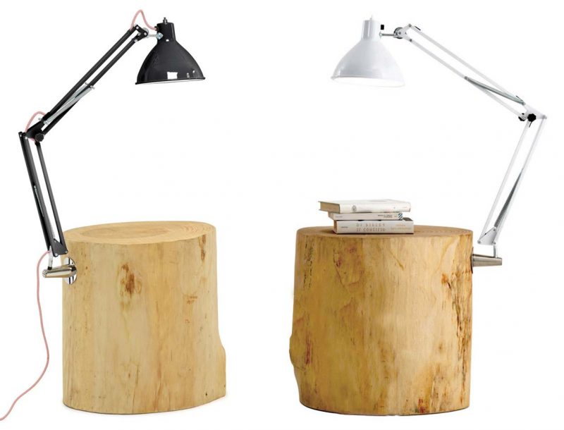 Table de chevet tronc d'arbre avec lampe