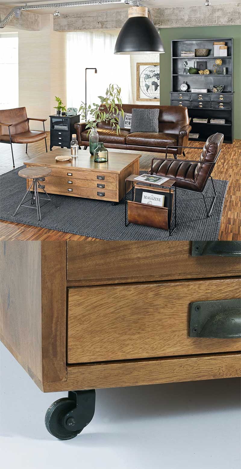 Table basse à roulettes avec tiroirs