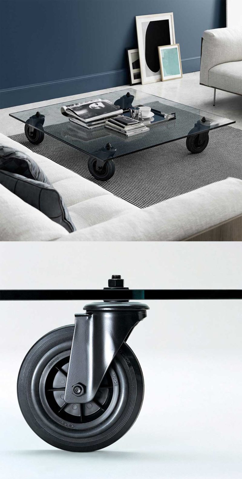 Table basse en verre à roulettes design