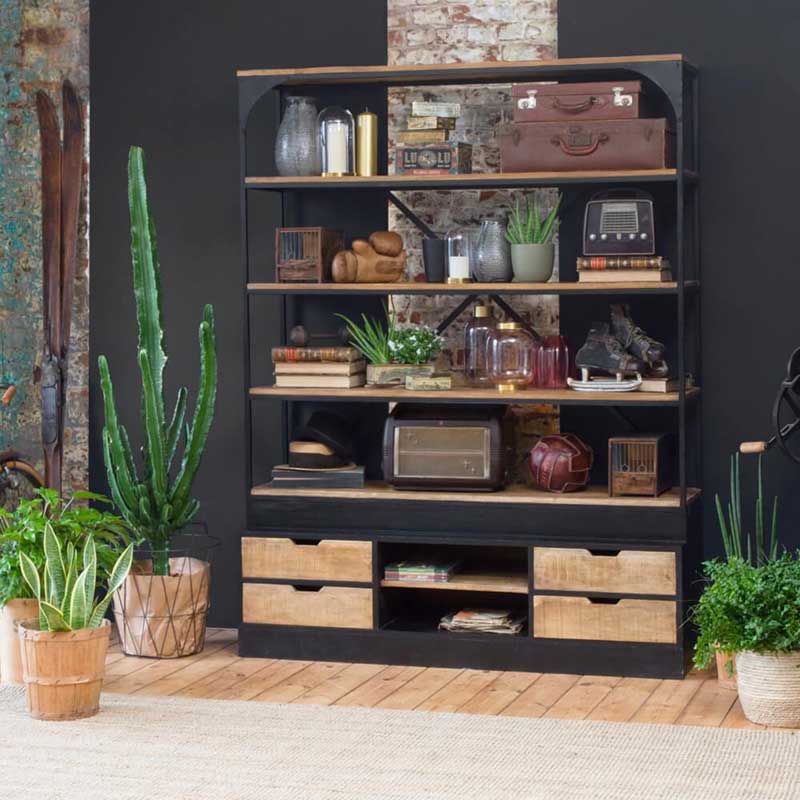 Etagère bibliothèque industrielle bois et métal avec portes