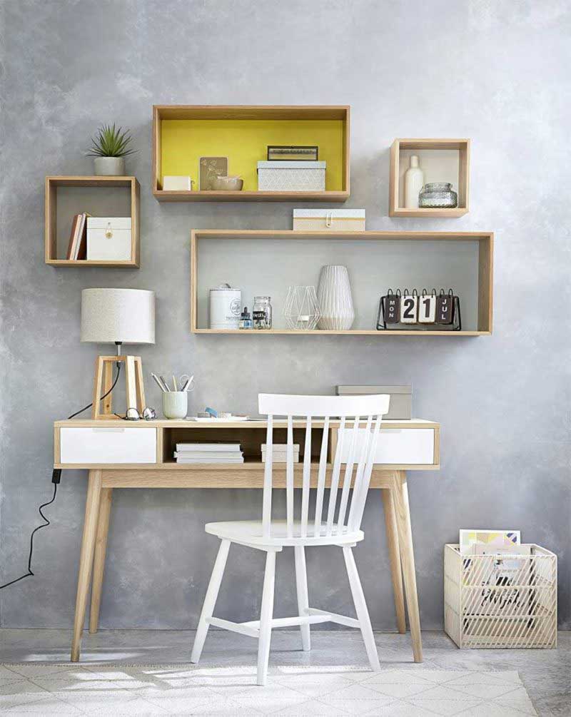 Bureau deco scandinave en blanc et tons naturels - vu sur