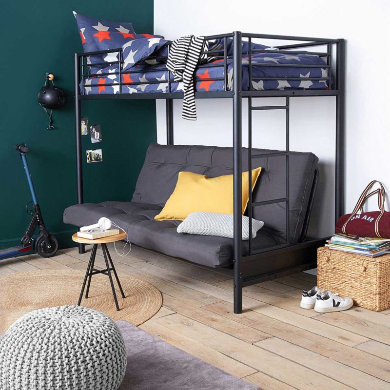 Lit mezzanine en métal noir pour ado avec canapé clic-clac en-dessous