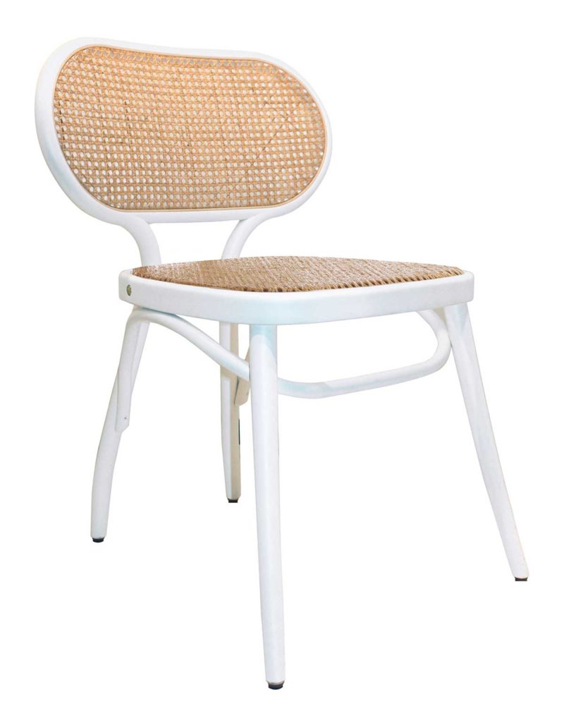 Chaise exotique dossier rond cannage assise tissu blanc TIM