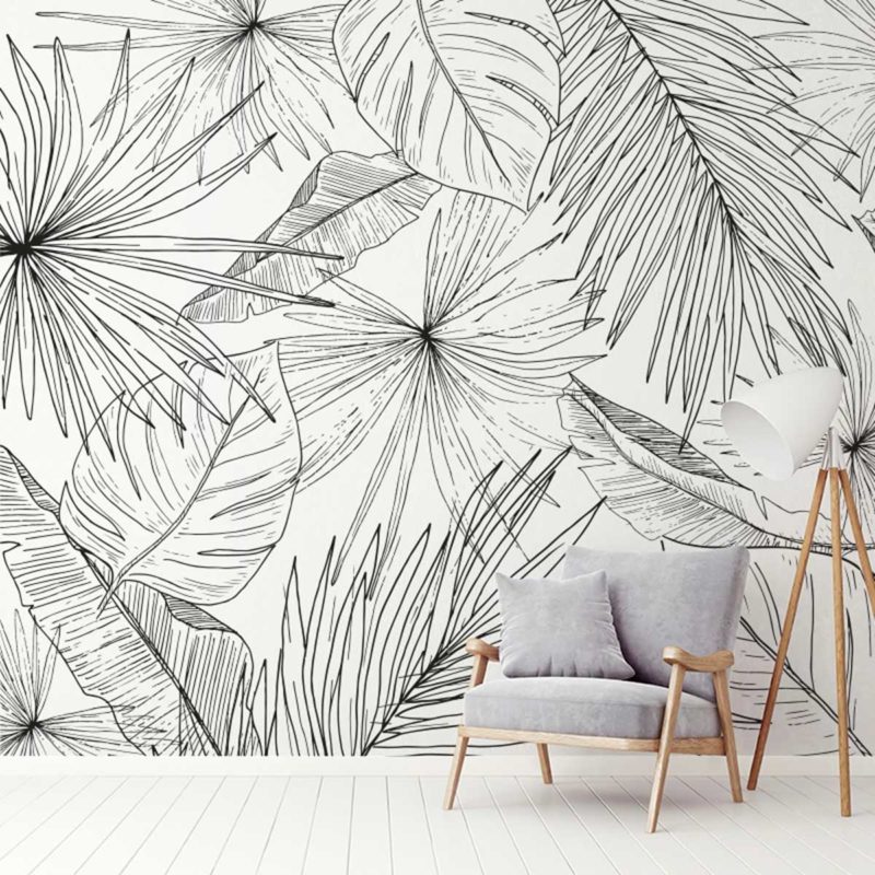Papier peint panoramique jungle noir et blanc