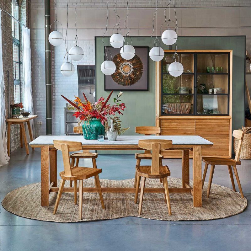 Table de repas en verre aspect marbre blanc pour 4 à 6 personnes