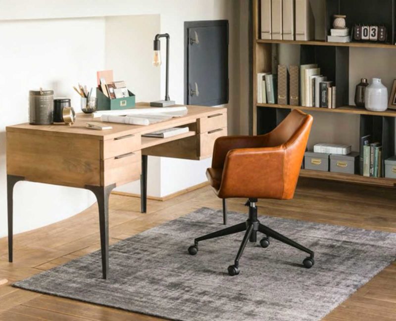 Chaise de bureau à roulettes design noir, bois foncé noyer et