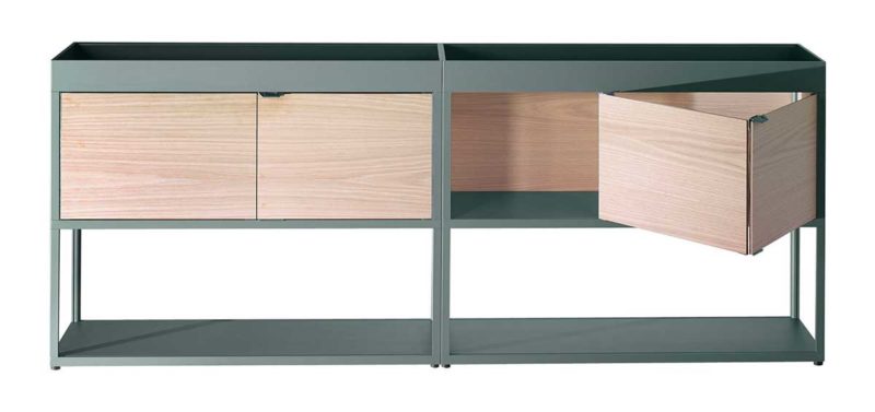 Buffet console en métal vert et chêne naturel