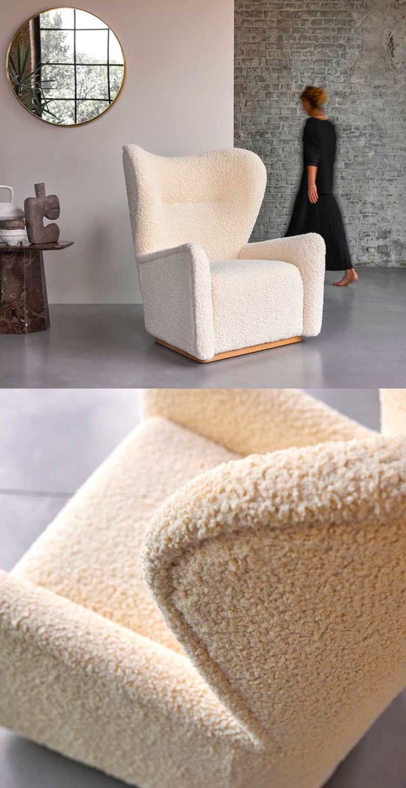 Fauteuil cosy en bouclette et bois FSC pivotant blanc