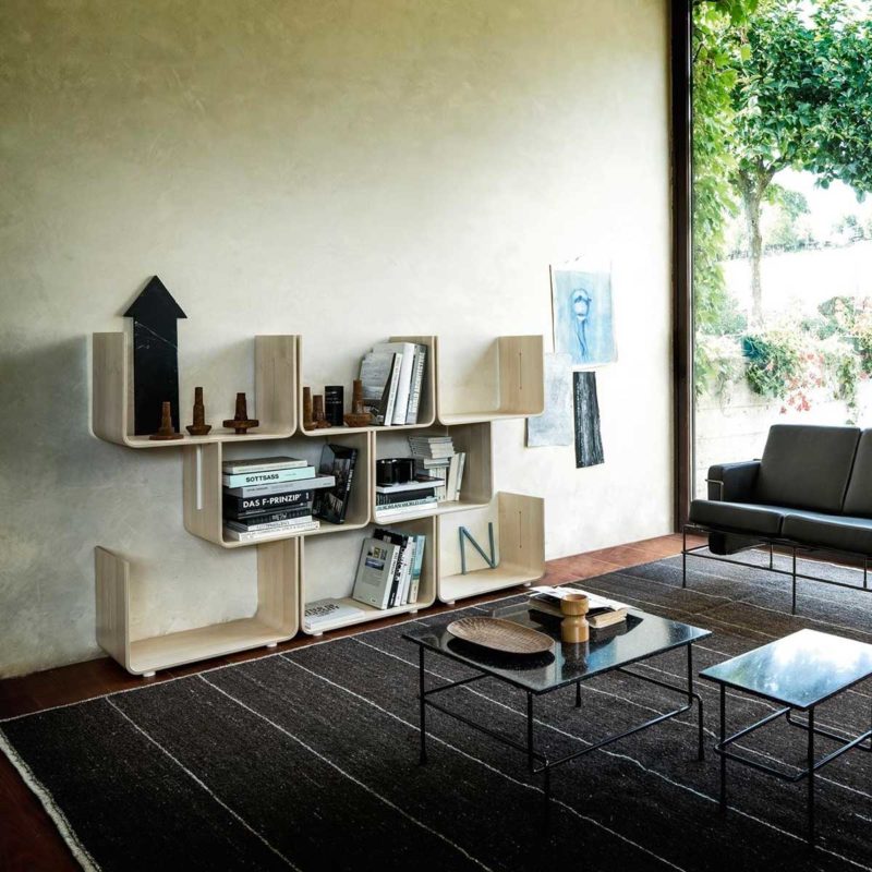 Salon avec bibliothèque bois au design moderne