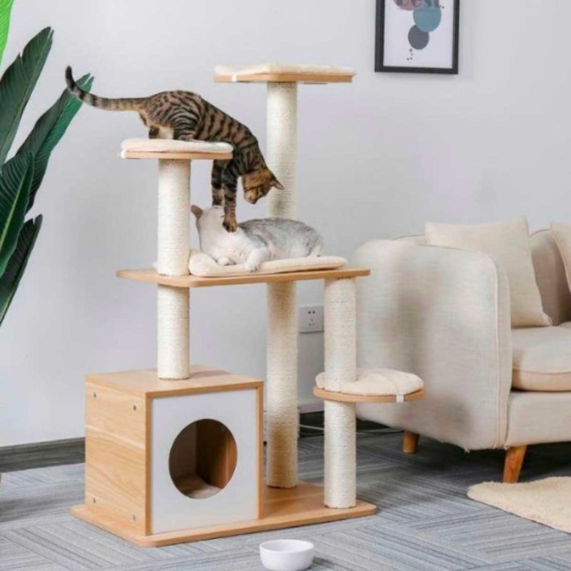 Meuble pour chat avec niche en bois et sisal