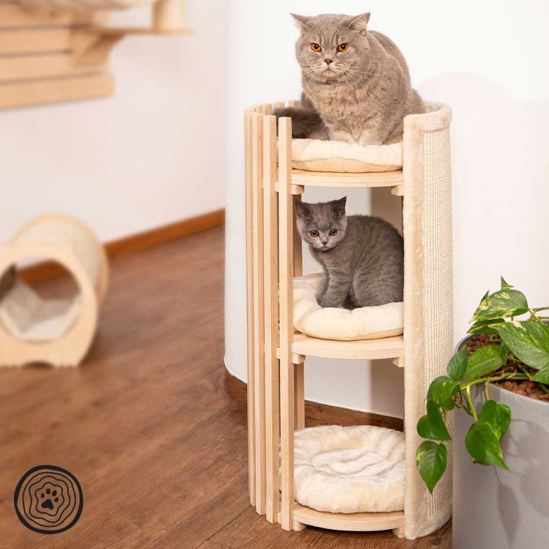 Design en bois pour ce meuble pour chat avec griffoir