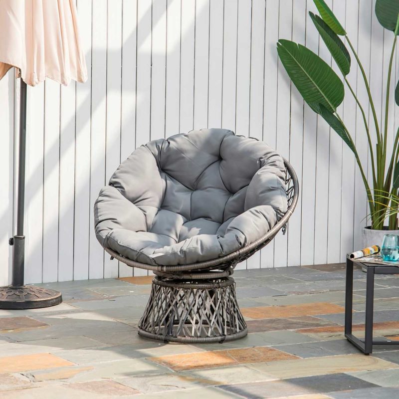 Papasan pivotant en résine noire avec coussin gris