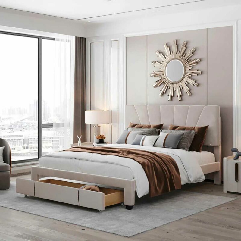 Un astucieux lit en velours beige avec tiroir