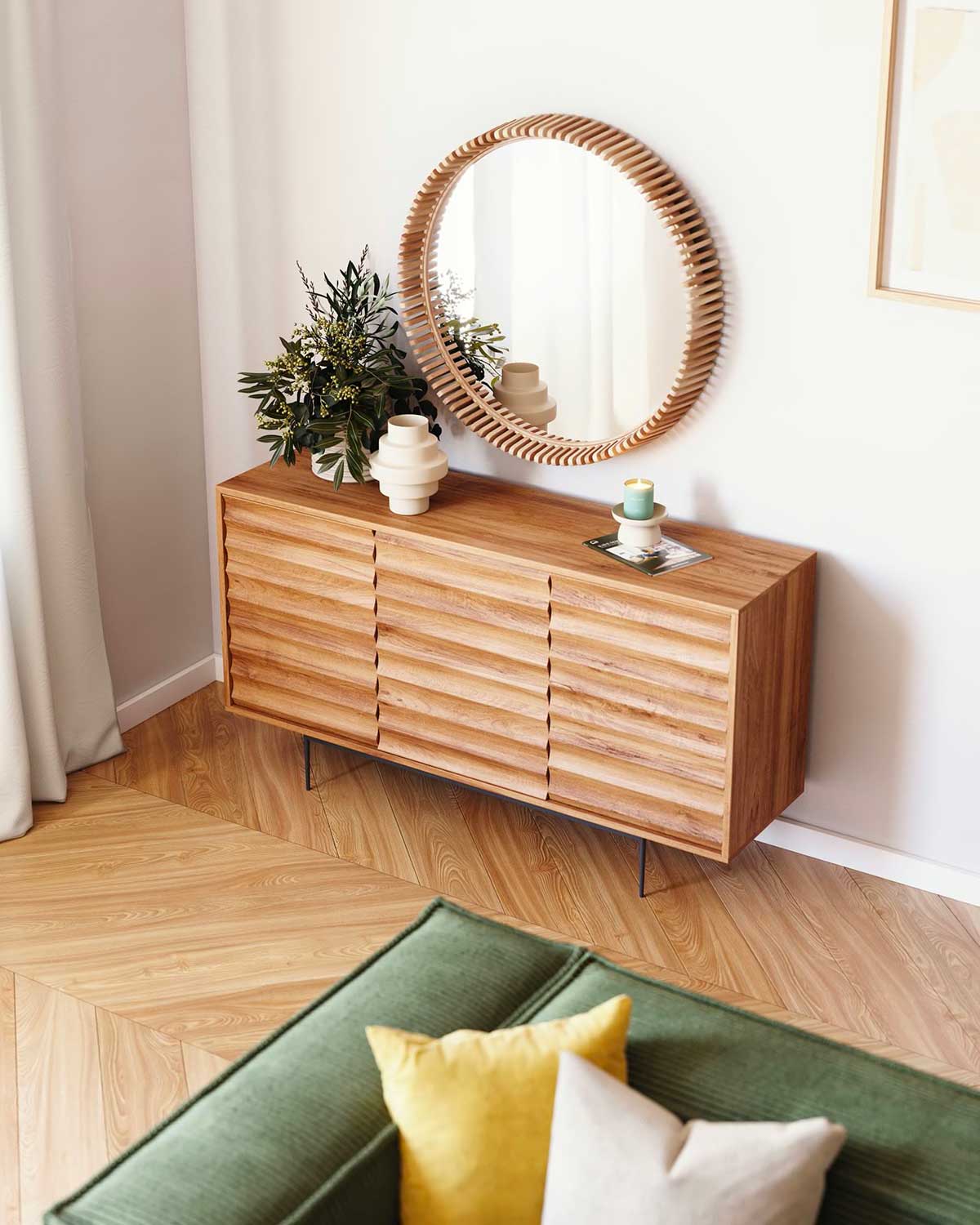 Miroir Mural Rond 30 Cm – Cadre Bois Naturel – Avec Sangle – Décoration Intérieure