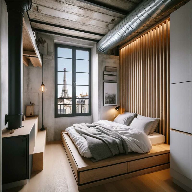 Chambre industrielle avec mur en tasseaux