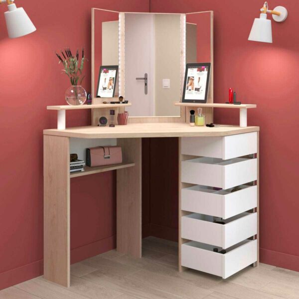 Coiffeuse NANAIMO Noire Poignées Dorées 104x77x50 Cm - 2 Tiroirs, Bureau, Console Entrée