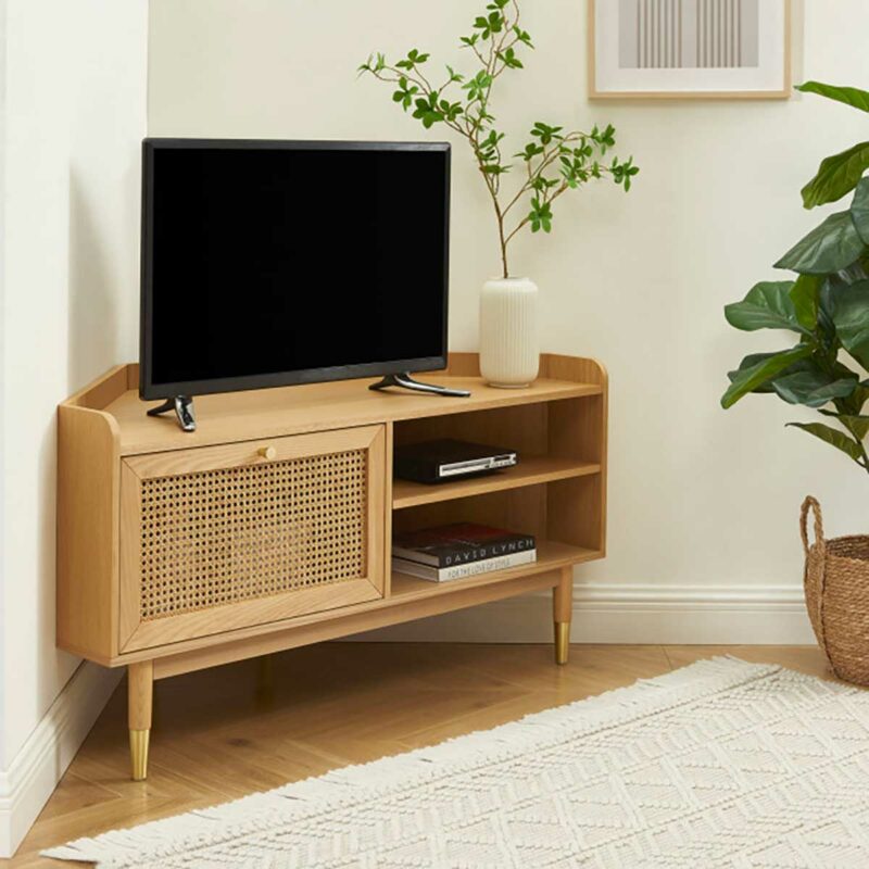 Meuble TV d’angle bohème chic en bois et cannage