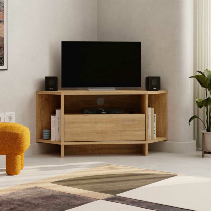 Meuble TV d’angle design bois clair : look épuré
