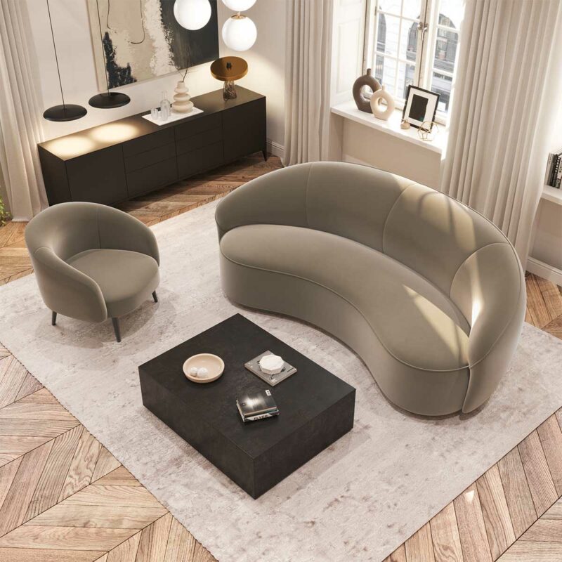 Salon chic avec canapé gris tendance au design en forme de haricot