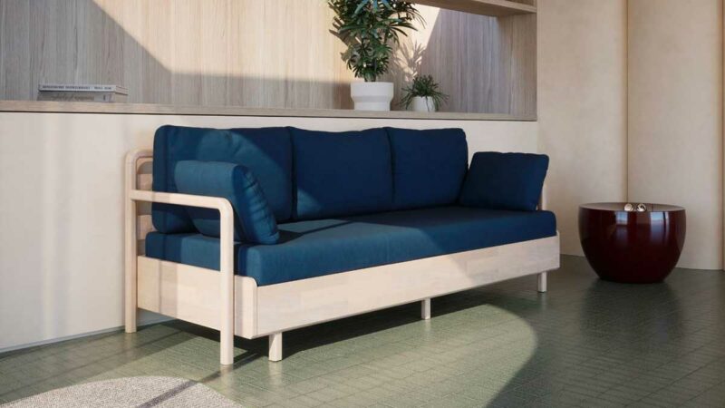 Canapé bleu marine avec structure en bois