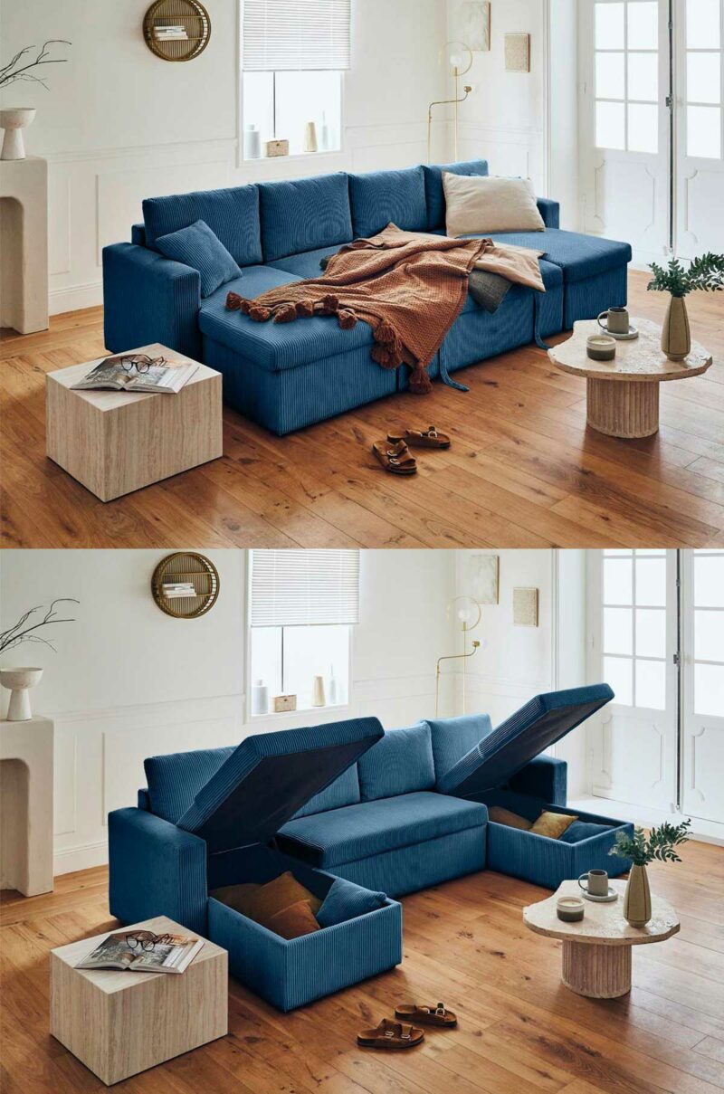 Grand canapé coffre en velours bleu