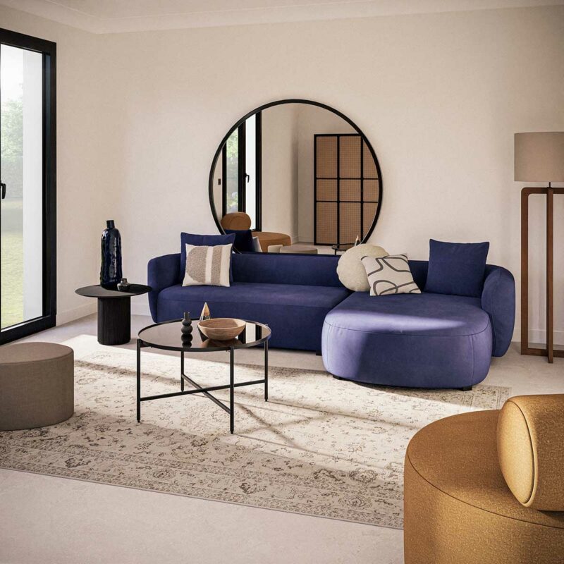 Grand canapé d'angle en velours bleu nuit pour 4 à 5 personnes