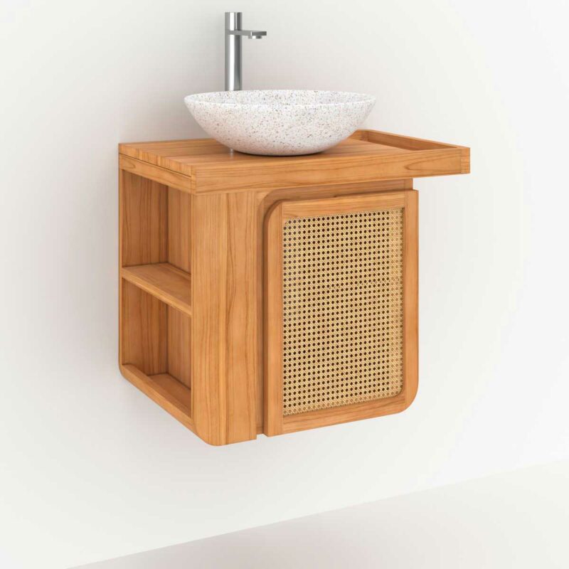 Mini meuble suspendu en bois et cannage pour salle de bains design