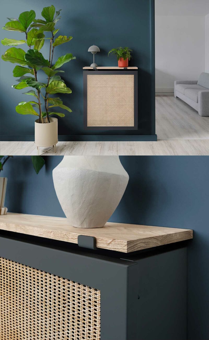 Chaleur et style avec ce meuble cache radiateur en cannage