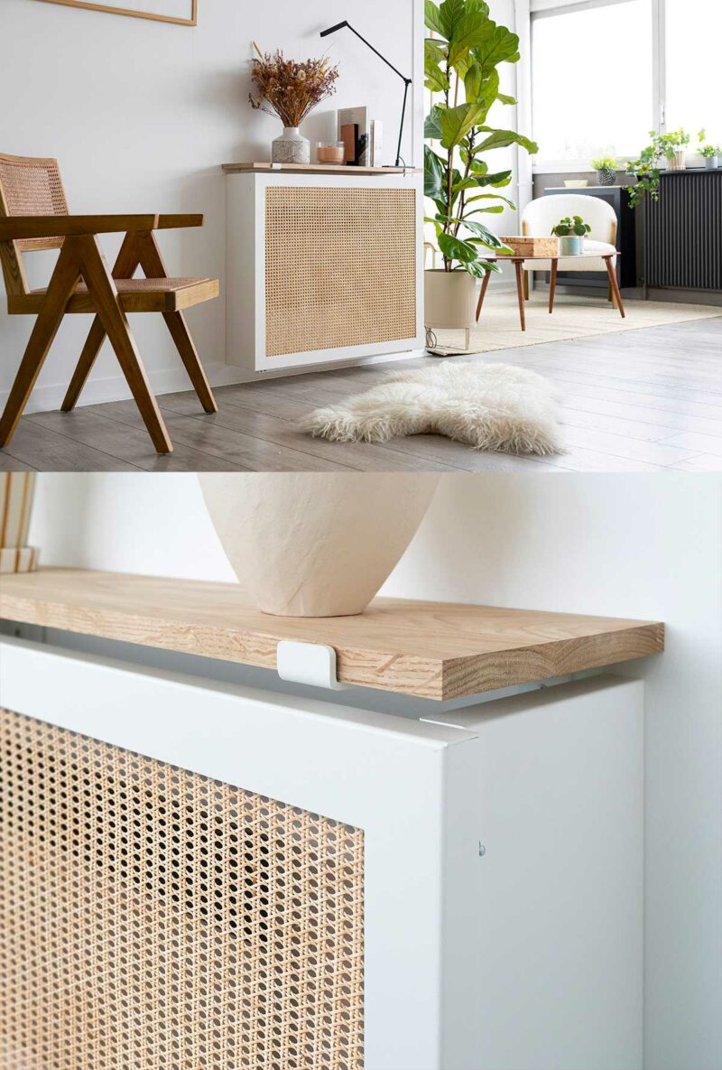 Esprit vintage : petit cache radiateur blanc avec façade en cannage