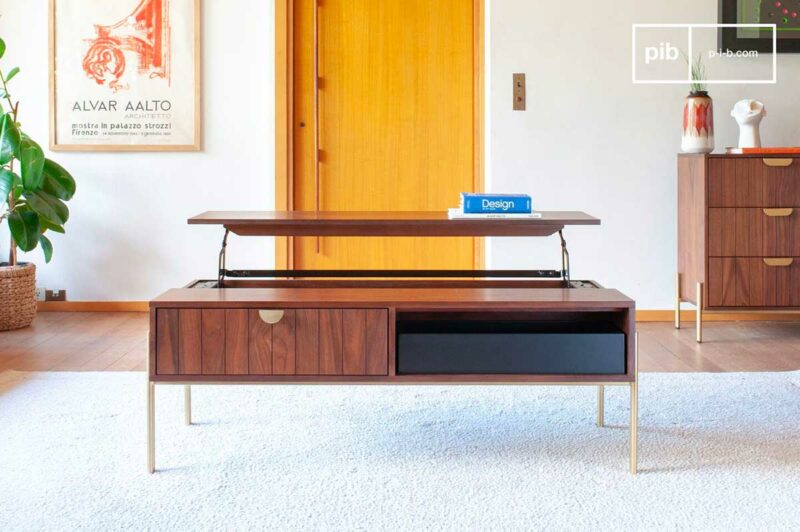 Table basse design avec plateau relevable et rangements cachés