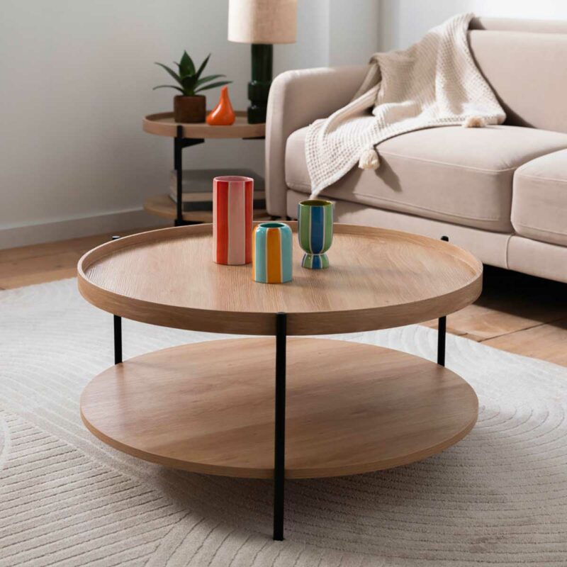 Table basse ronde avec deux plateaux pour le rangement