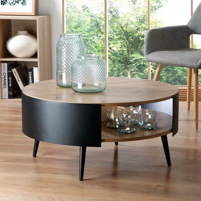 Table basse ronde noire et bois avec rangement : design et pratique