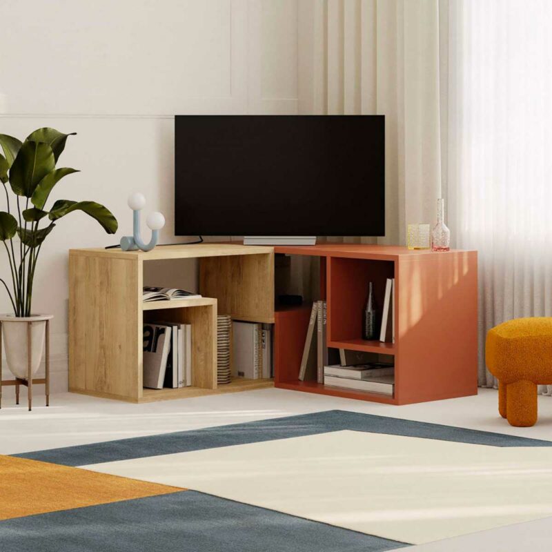 Meuble TV d’angle modulable bois clair et terracotta