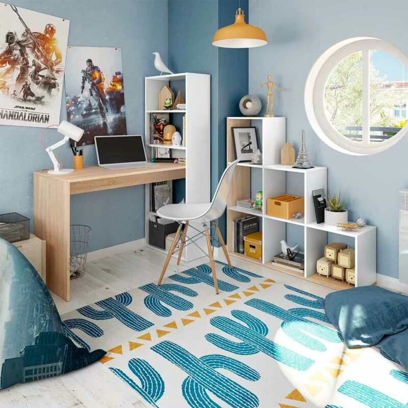 Chambre d'ado avec étagère blanche en escalier