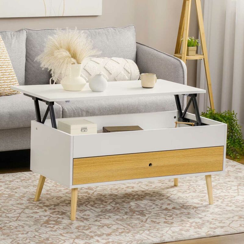 Design nordique pour cette table basse plateau relevable avec tiroir