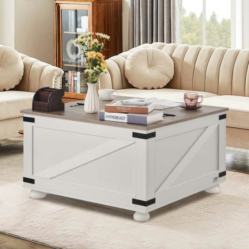 Design rustique et praticité pour une table basse relevable bois et blanc