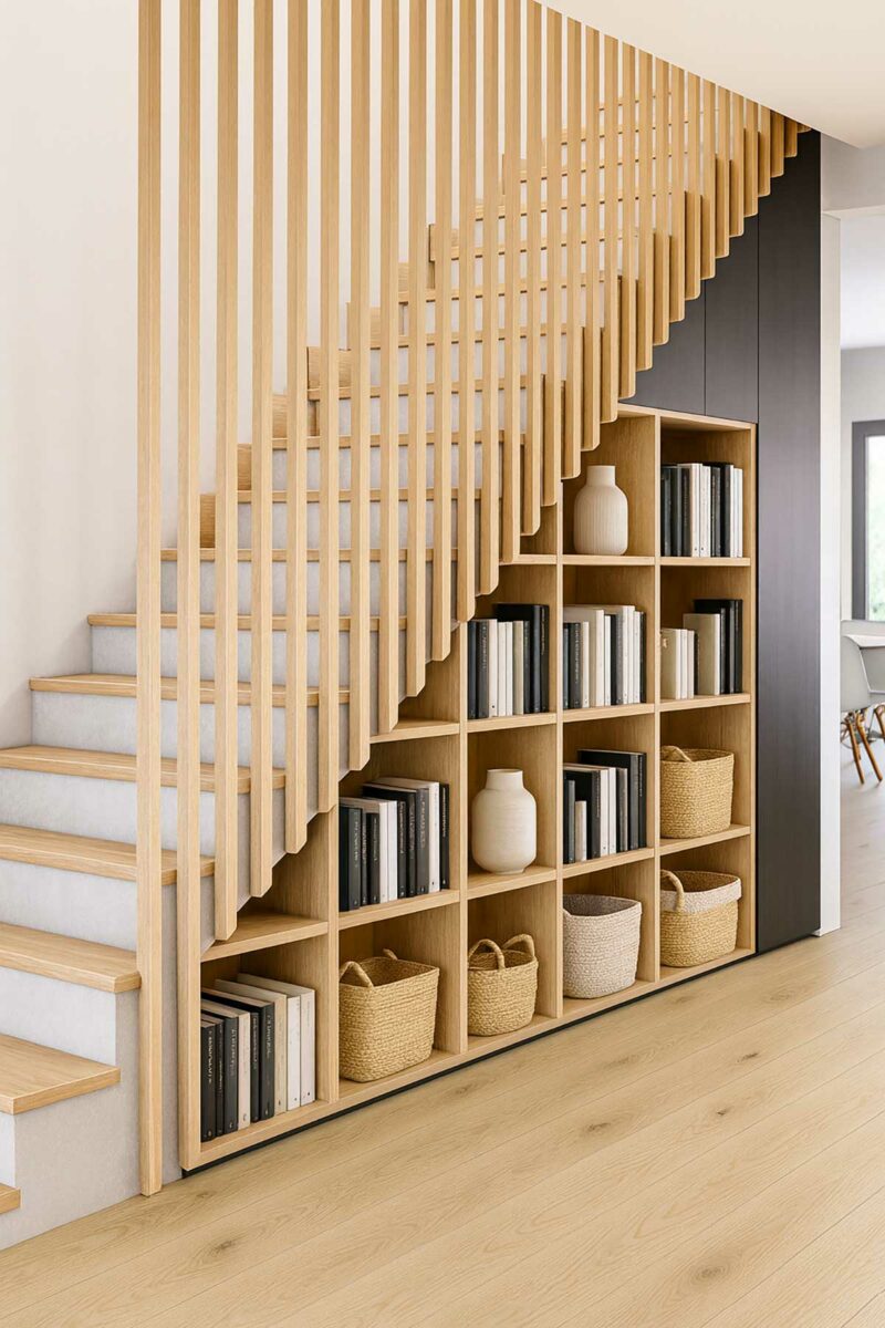 Dessous d'escalier aménagé sur mesure avec une étagère