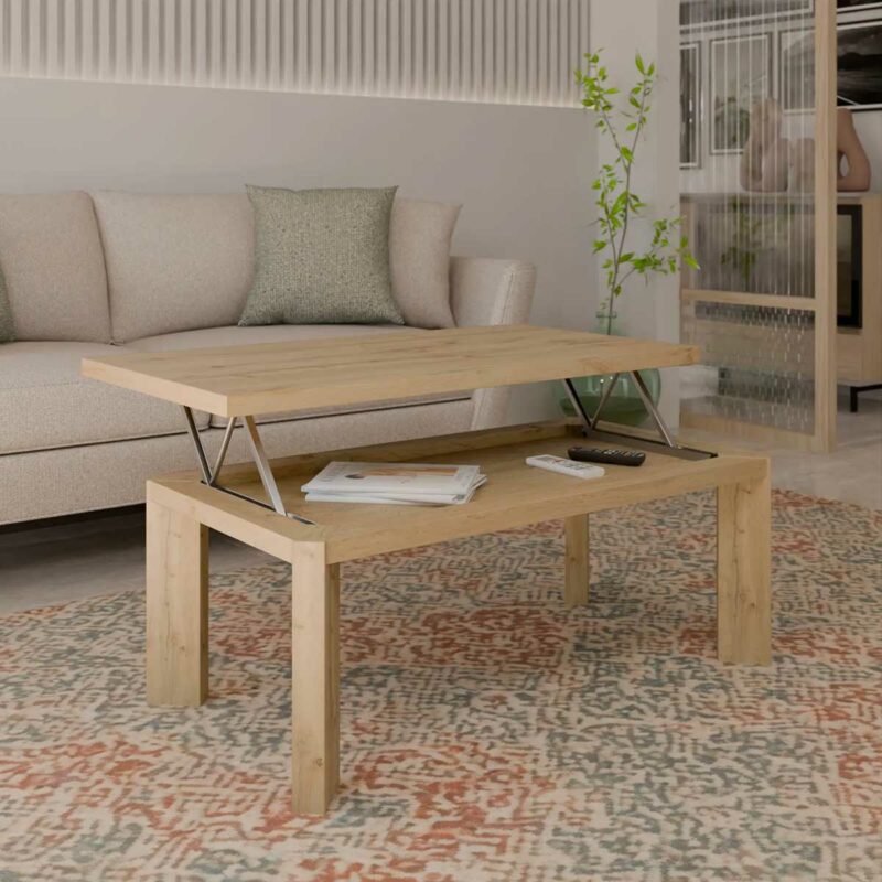 Esprit naturel pour cette table de salon multifonction effet chêne