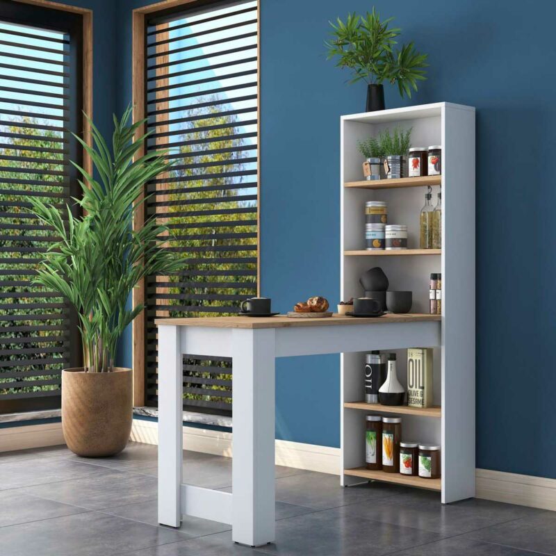 Meuble deux en un : table murale fixe avec étagère