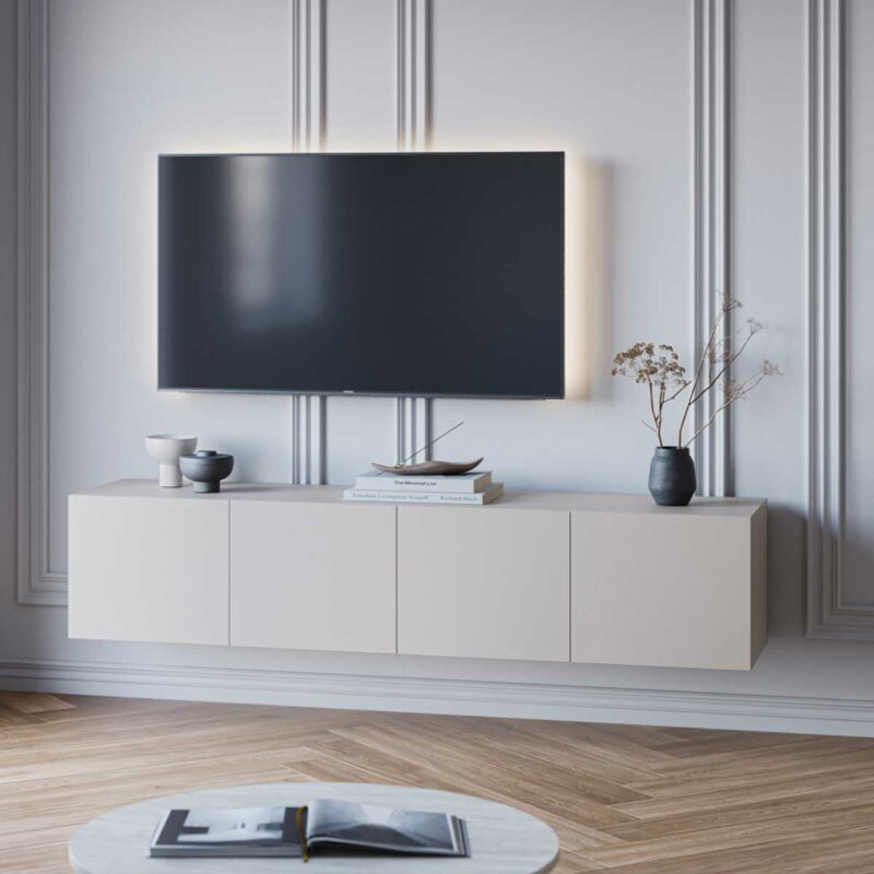 Meuble TV beige minimaliste sans pied suspendu au mur