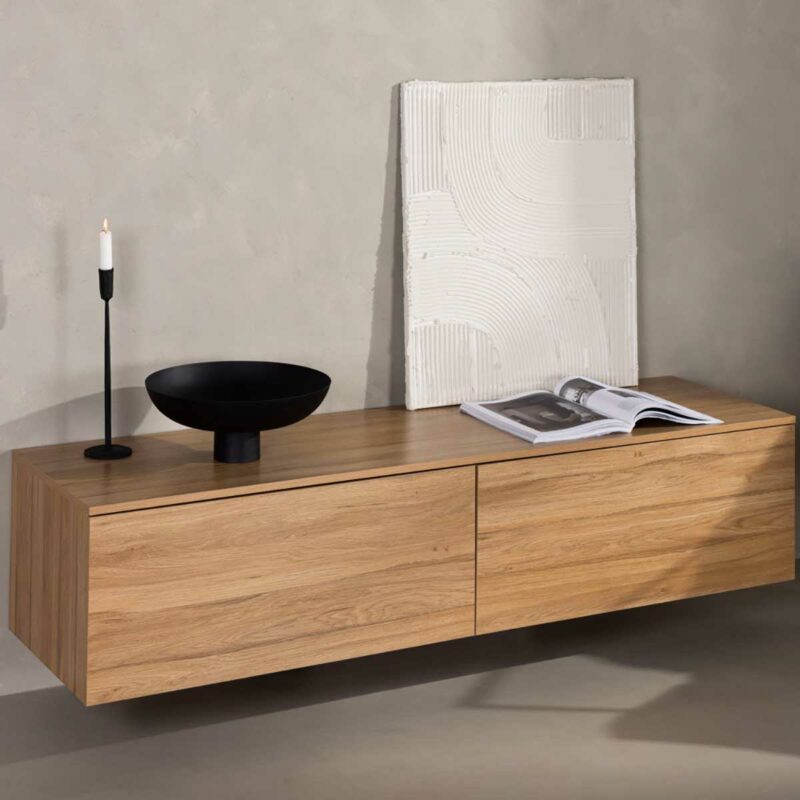 Meuble TV suspendu 160 cm de large avec rangements