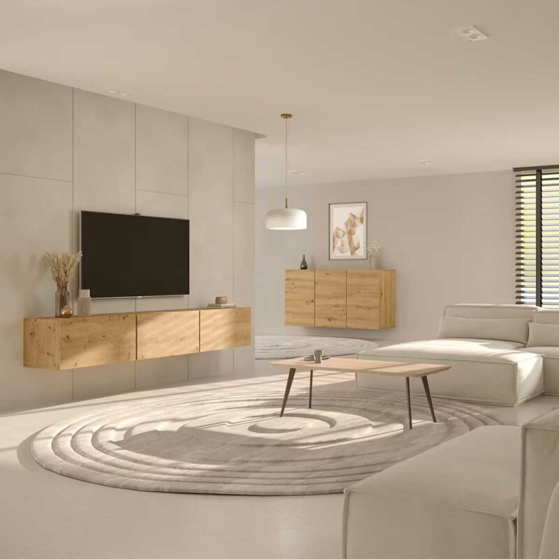 Meuble TV suspendu en bois clair au style scandinave