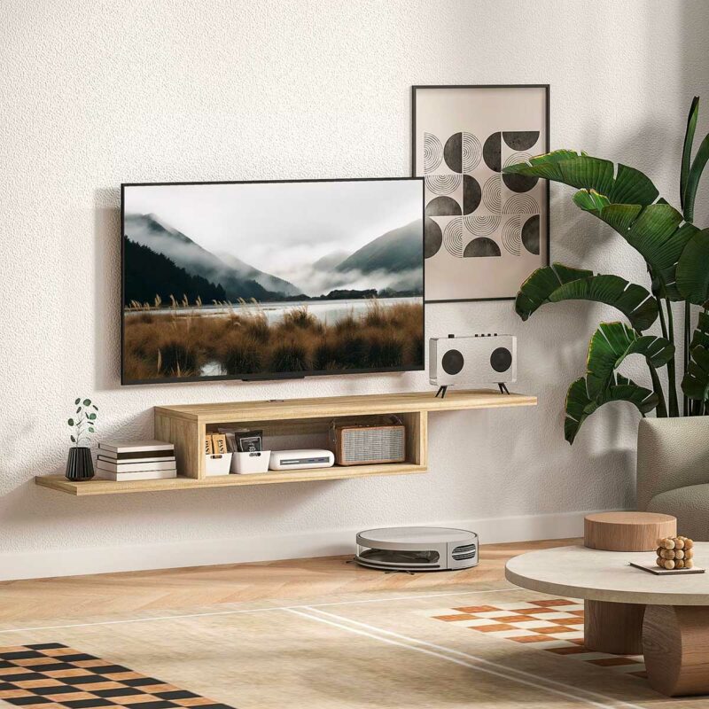 Meuble TV suspendu finition chêne : élégance naturelle au mur