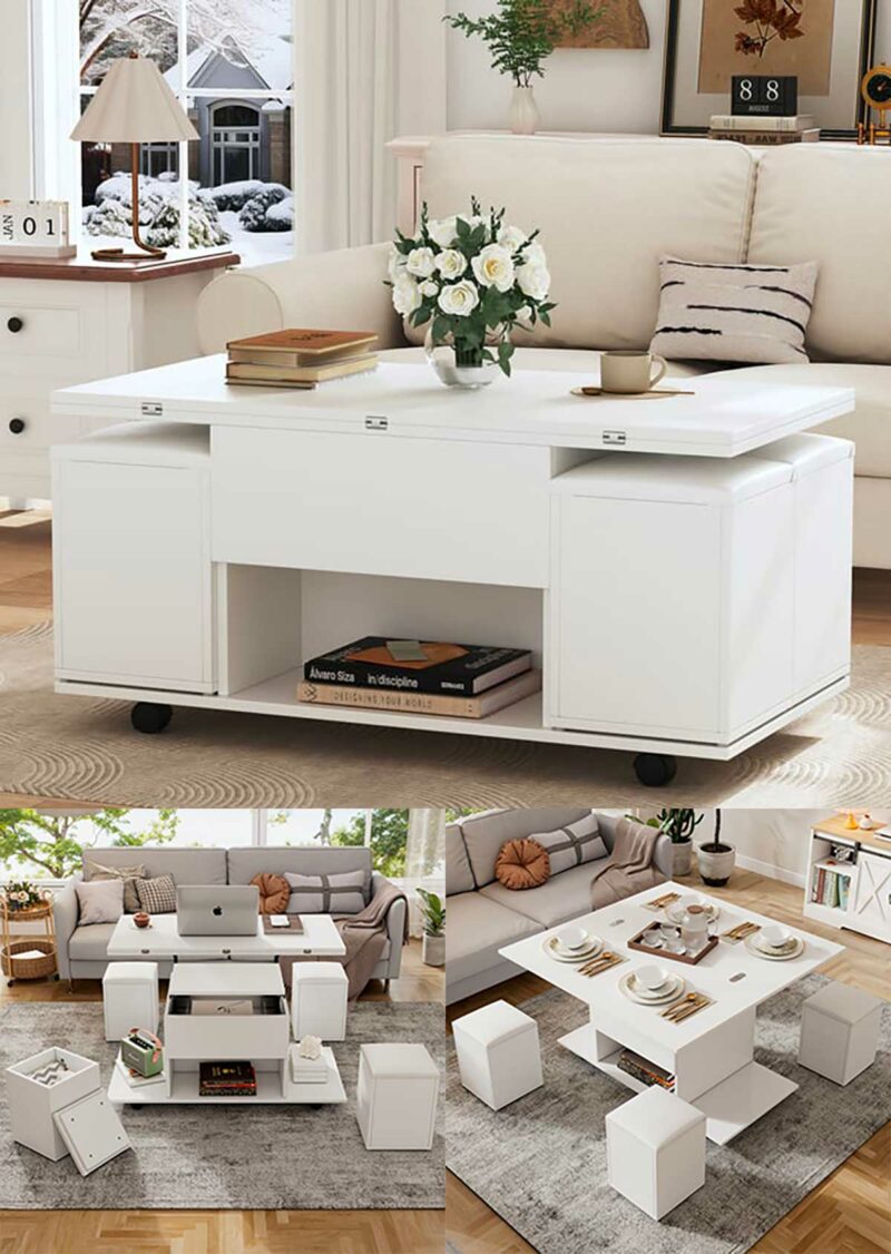 Optimiser l’espace avec une table basse relevable et ses 4 tabourets