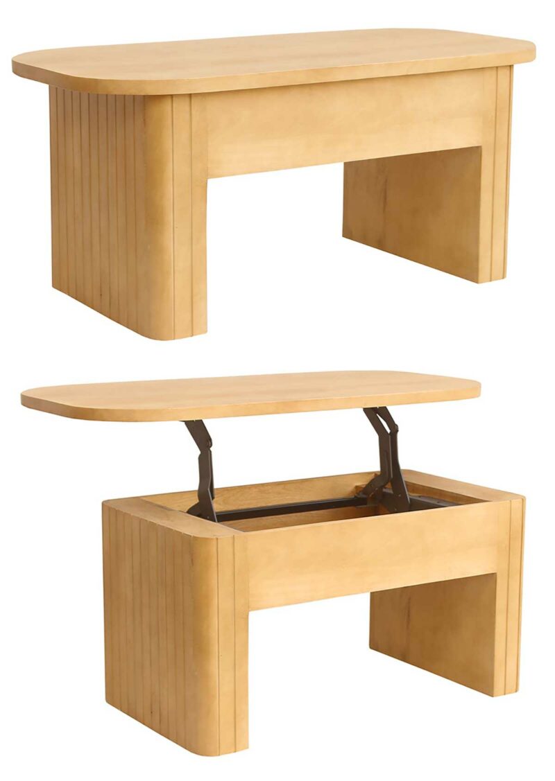 Plateau relevable et lignes arrondies pour une table basse élégante