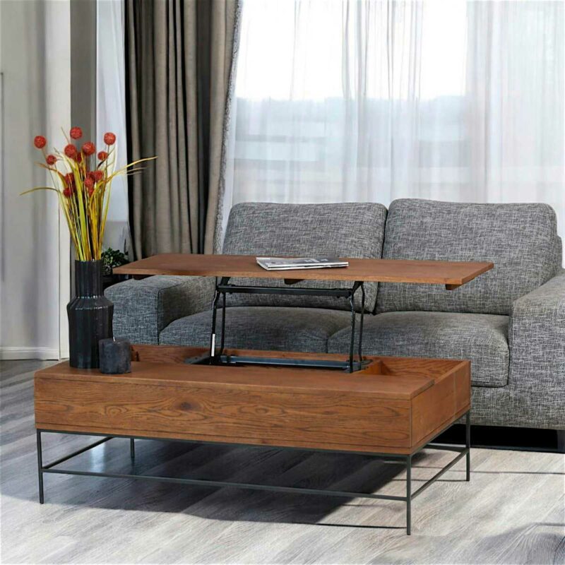 Praticité et style avec une table basse relevable bois et noir