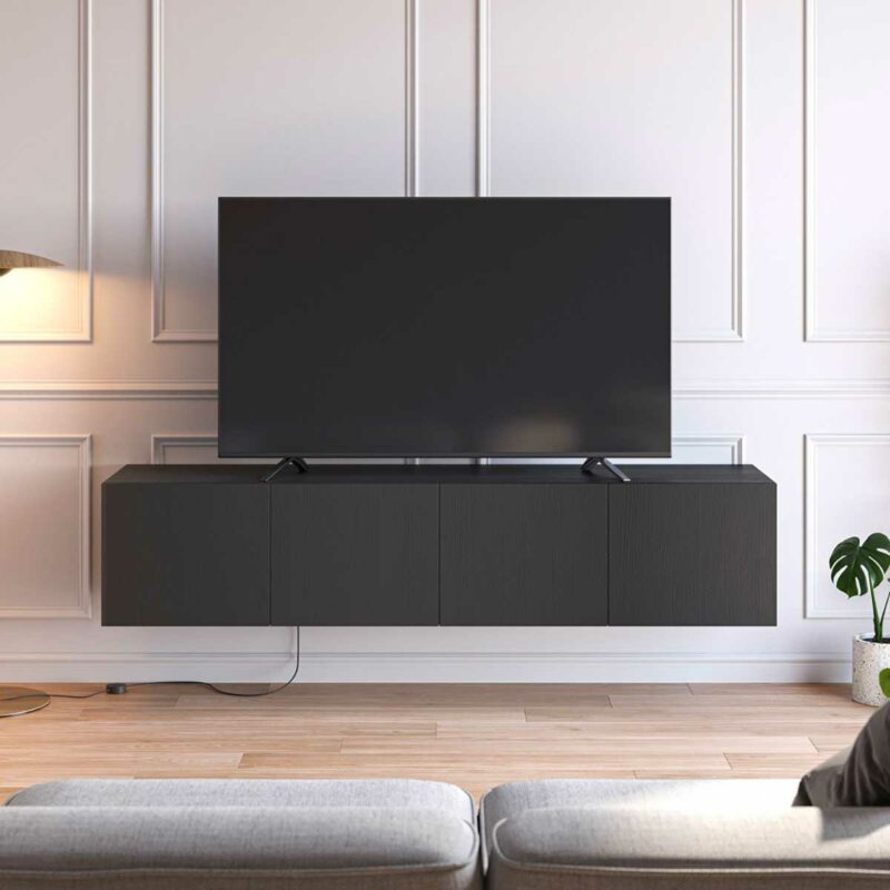 Salon contemporain avec meuble TV mural flottant noir 180 cm