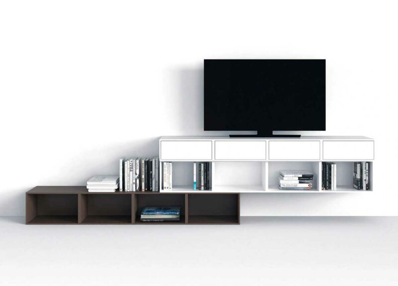 Style loft contemporain avec meuble TV suspendu large et épuré